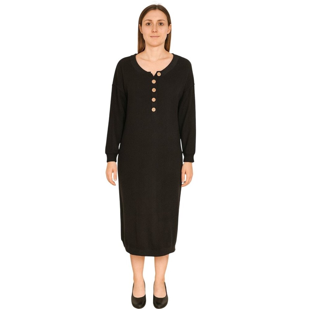 Merokeety Women's Long Sleeve Black Button V Neck Loose Knit Maxi Dress M